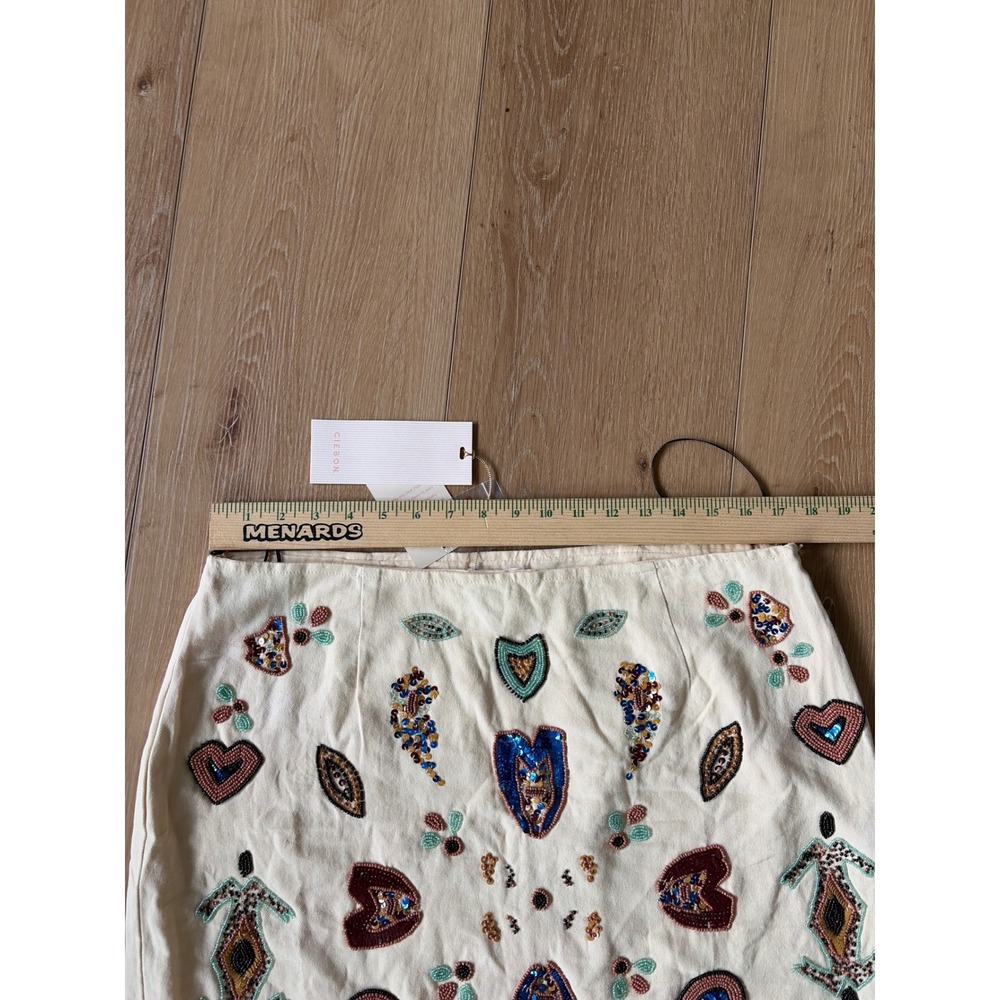 Ciebon Beaded Sequin Mini Skirt Cream Off-White Canvas Boho Festival Size Large - Picture 4 of 8